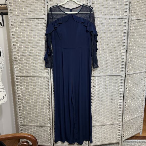 R&M Richards Ruffled Illusion Formal Jumpsuit Size 14P Petite Navy Mesh Sleeve - Picture 2 of 12